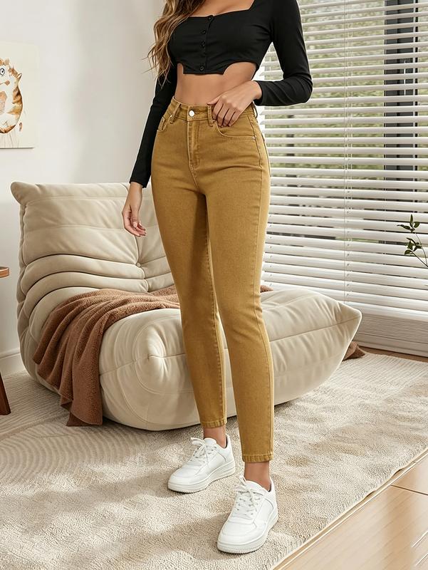 Women's High-Waisted Olive Green Denim Jeans - Button-Front Closure, Classic Cut, Comfortable Fashion Bottoms - All-Season Everyday Casual Wear