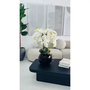 ORCHIDS IN BLACK GLASS VASE