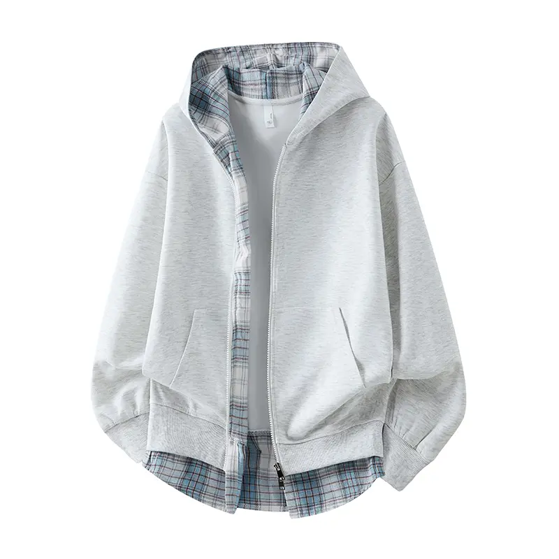 Men’s loose-fit varsity high-street trend hoodie jacket; versatile hooded cardigan sweatshirt with long sleeves; faux two-piece hooded sweatshirt jacket; spring unisex plaid patchwork cardigan top