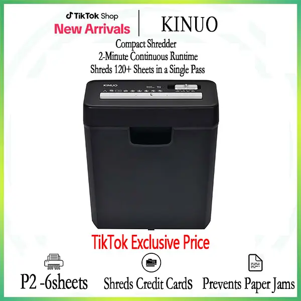 KINUO 6-Sheet Paper Shredder, P2 Security Strip-Cut Shredder with Anti-Jam System, Portable Office Home Shredder