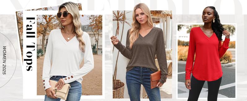 WIHOLL Long Sleeve Shirt for Women Fall Outfits 2025 Dressy Casual Fashion Clothing V Neck Tunic Tops with Button Womenswear Blouse