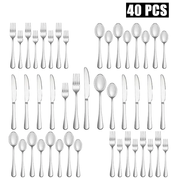 40-Piece Stainless Steel  Mirror-Polished Knives Forks Spoons Dinner Sets Durable Dishwasher-Safe Cutlery Sturdy silverware,kitchen accessories,kitchen essentials,knives kitchen set,kitchen gadgets Utensils Dinnerware Service Set Tableware Set