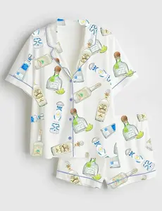 Tequila Bottles Watercolor Bar Cart Art Satin Pajama Set, Tequila Holiday Wine Nightwear, Pajamas Bottles Bar Sleepwear Gift For Her Summer