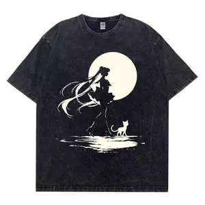 Sailor Moon Moonlight Silhouette Anime Vintage Washed T-Shirt Double Sided Retro Manga Graphic Tee for Anime Fans Women Men Comic Con Gift