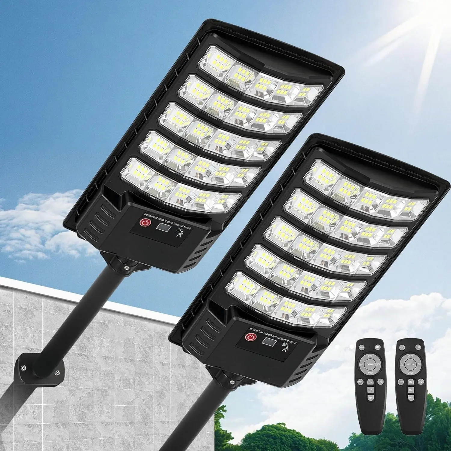 Solar Street Light with Motion Sensor, Solar Lights Outdoor Waterproof IP66, Dusk to Dawn Security Flood Light with Remote for Yard Garden Driveway Parking Lot, LED Solar Powered Outdoor Lighting