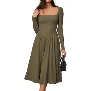 2026 Women's Spring Square Neck Long Sleeve A-Line Midi Dress-Available in four colors