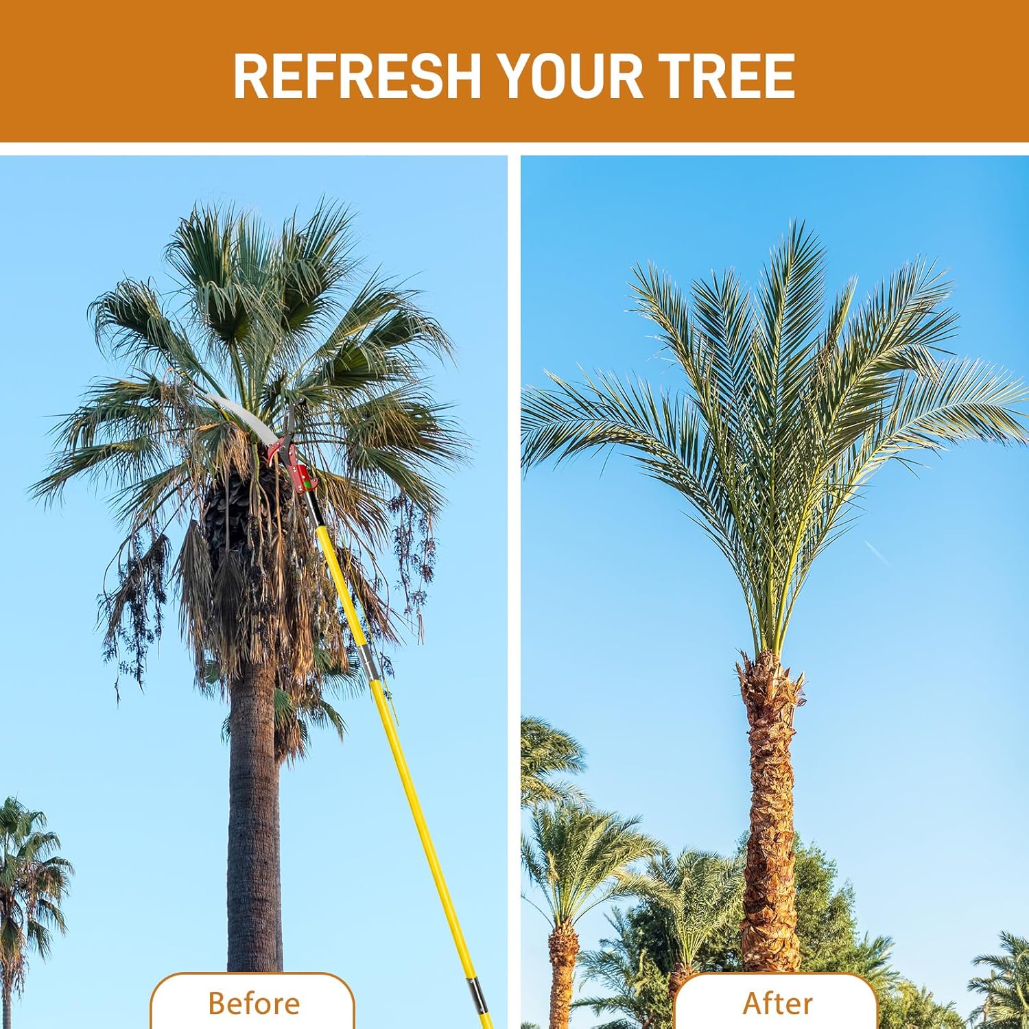 Ubesgoo Manual Pole Saw for Tree Trimming, 26 ft Extendable Tree Pruner, Sharp Steel Blade and Scissors, High Tree Branch Cutter with Lightweight 8 Fiberglass Long Handles, for Pruning Palms and Shrubs