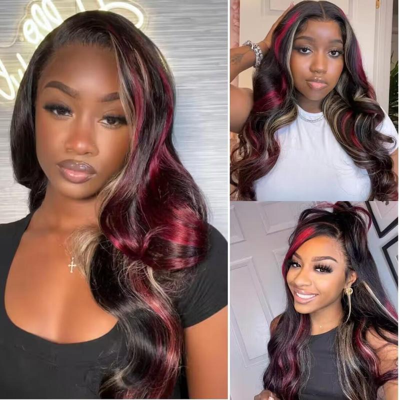 Body Wave Black Red Blonde Highlights Human Hair Wig  Transparent Lace Frontal Wigs Pre Plucked with Baby Hair 180% Density Blonde Red Highlights Wig 13X4 Pre Plucked Lace Front Wig