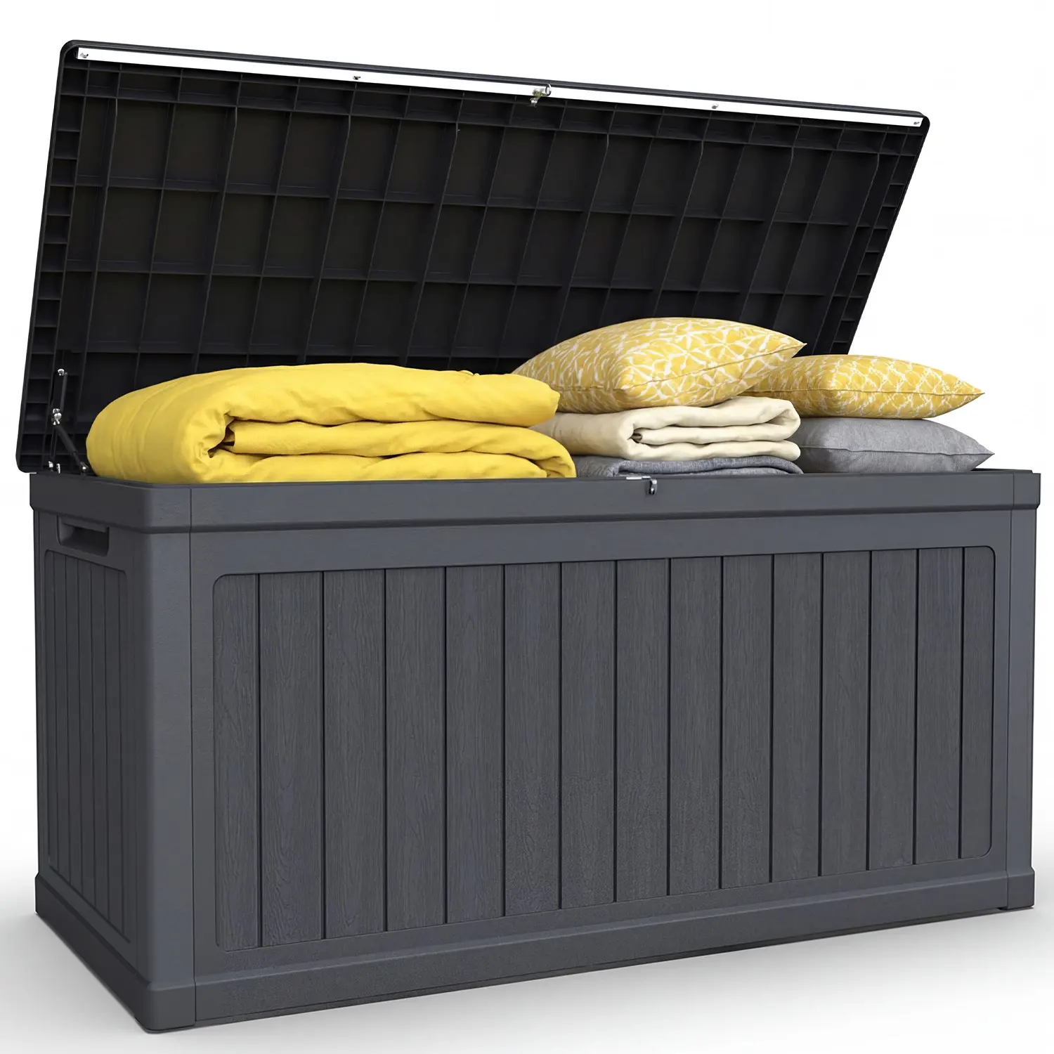 320 Gal Rectangular Plastic Outdoor Storage Deck Box - Waterproof UV-Resistant Lockable Double-Wall Resin Bin for Patio Furniture Cushions, Garden Tools - Home Decor Essential