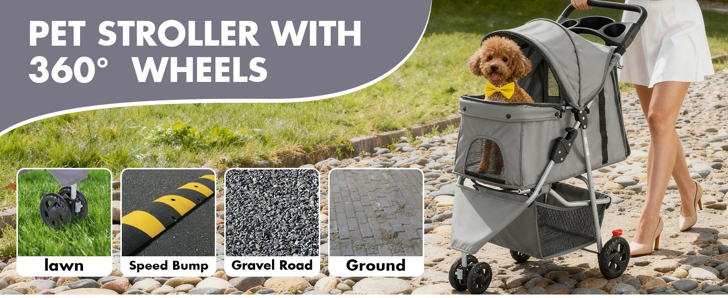 3 Wheels Pet Stroller Dog Jogging with Breathable Mesh Window, Large Storage Basket, Cup Holder, Blue