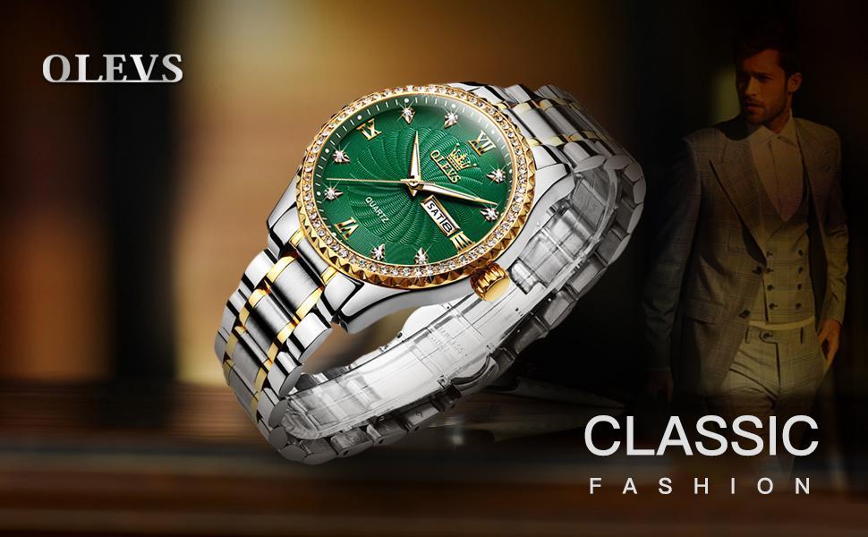 OLEVS Men's Watch Stainless Steel Waterproof Date Analog Quartz Watch Luxury Fashion Business Wristwatch for Men 41mm Case Diameter 11mm Thickness