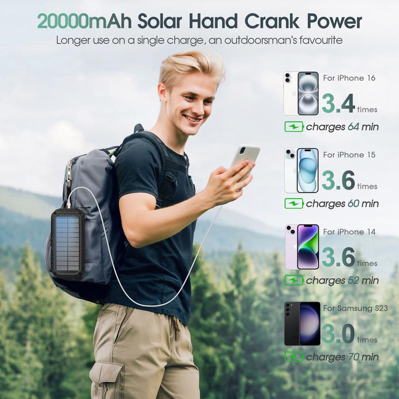 Bodo-Tech 40000mAh Solar Charger Hand Crank Power Bank with 4 Cables Fast PD20W Charging LED Flashlight for iPhone Android Samsung Orange Black