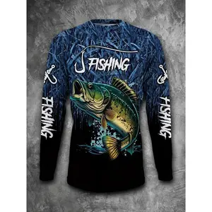 Men's Long Sleeve Casual Fishing Shirt - 3D Fish Print, Round Neck, Polyester, Black & Blue Gradient, Ideal for Outdoor Activities, Fishing Accessory