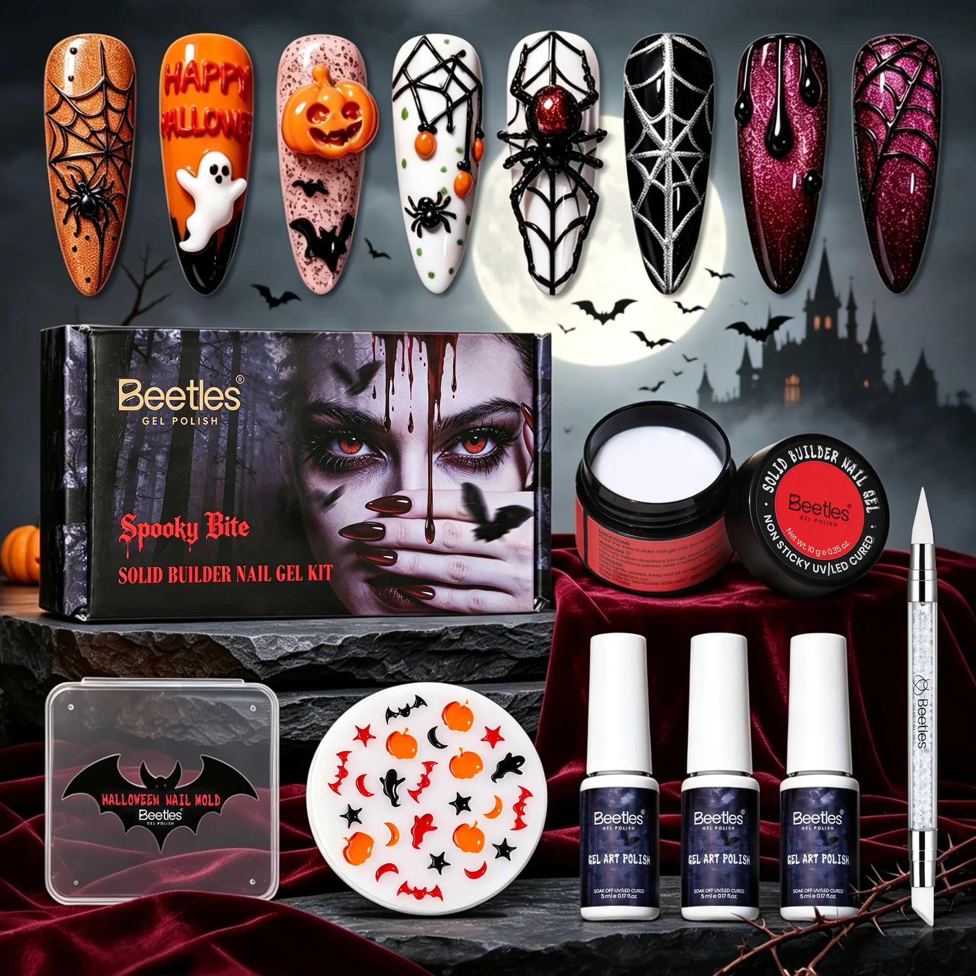 Beetles White 3D Sculpting Gel for Nail Art with Halloween 3D Nail Mold | Solid Builder Nail Gel Kit, 3 Pcs Liner Gel Art Polish & Sculpting Pen for DIY Halloween Nails, UV LED Lamp Cured
