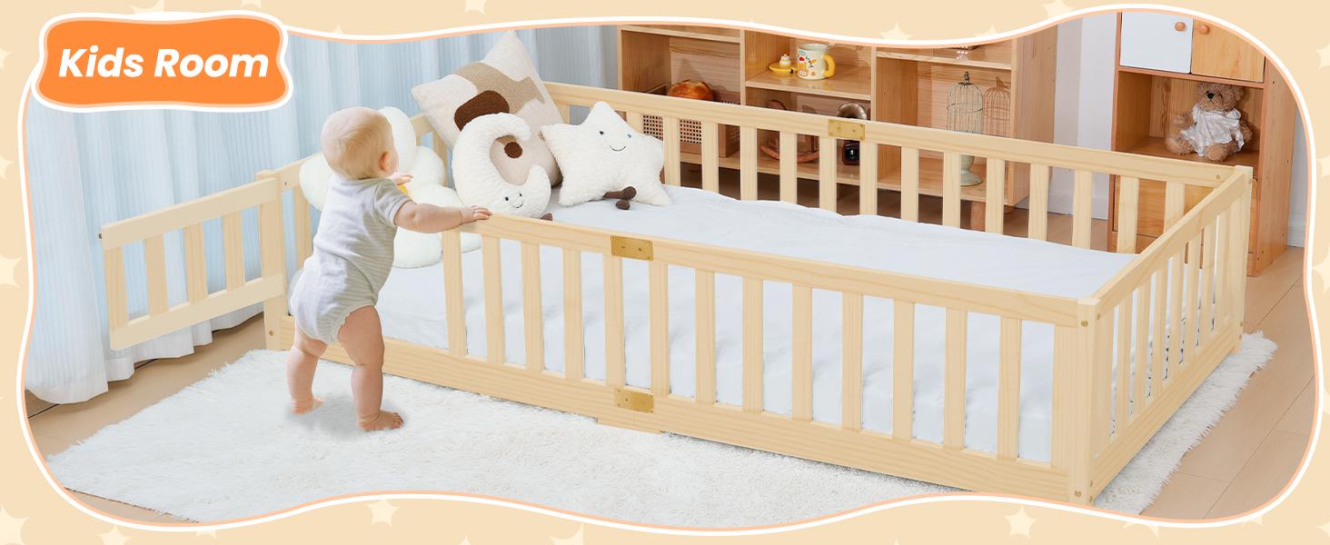 Naudacaa Twin/Full Size Montessori Floor Bed for Kids Solid Wood Frame with Fence Door & Safety Guardrails CPC Certified
