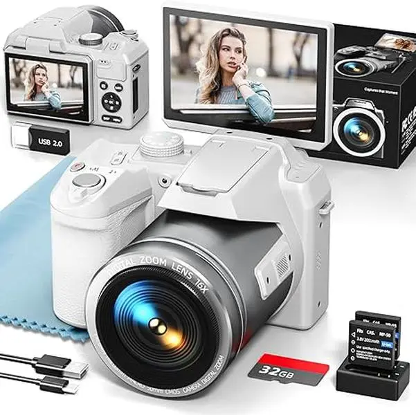 Digital Camera   Autofocus, 2 Batteries, 32GB TF Card (White)