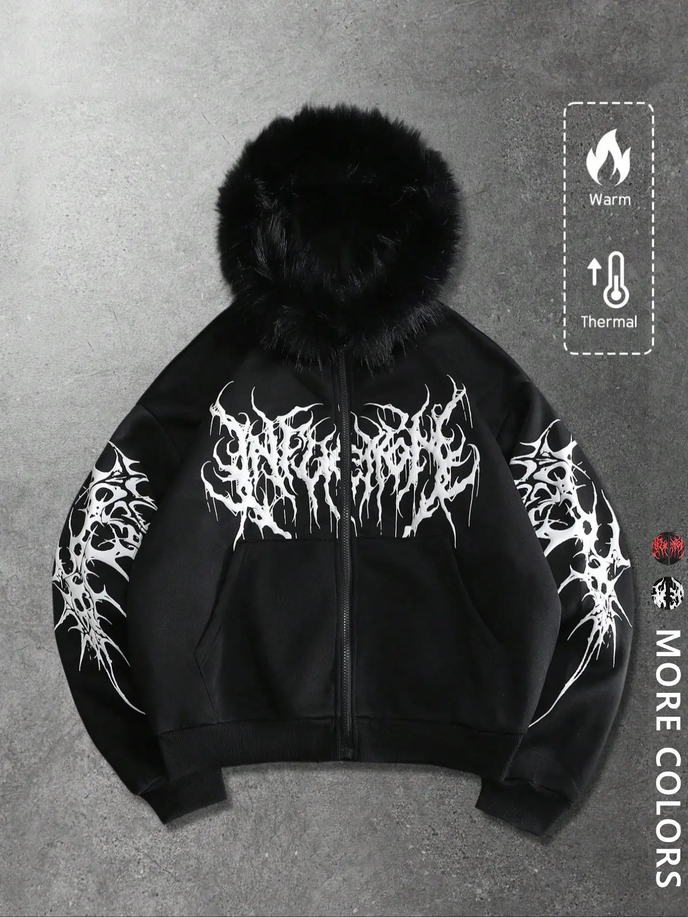 Unisex style, Matching, autumn and winter couple's trendy brand clothing, dark-themed Gothic-style pattern print, fleece-lined, Casual hooded jacket with fur collar, suitable for a street style look, gift for a boyfriend or husband