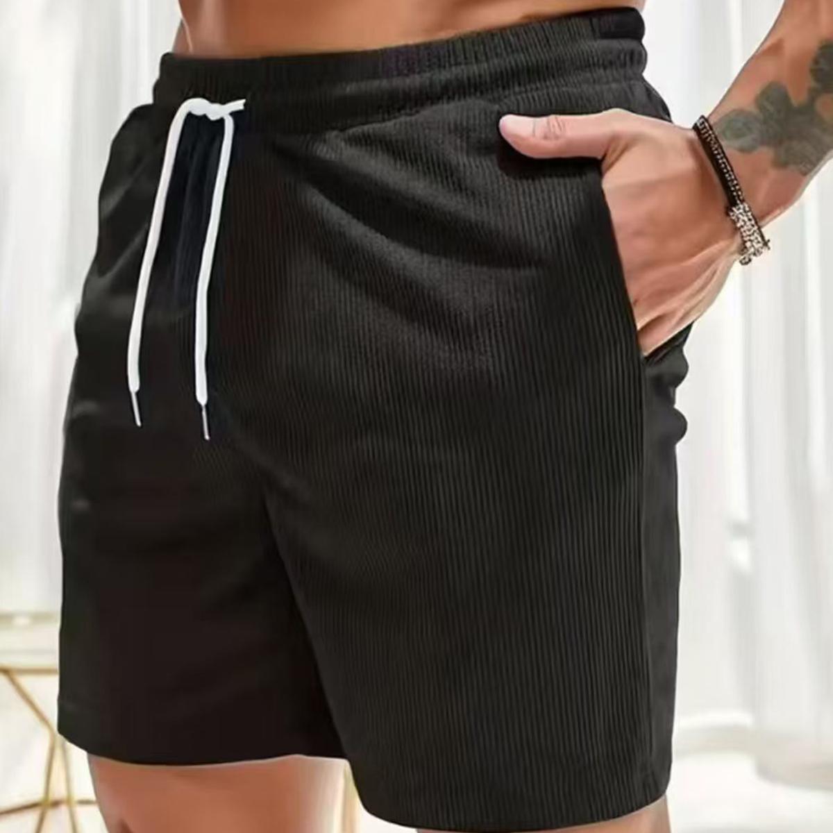 Men's Casual Corduroy Shorts with Drawstring Waistband, Side Pockets, and - Black, Polyester Fiber, Suitable for All-Season Outdoor Activities, Solid Color Regular Fit Summer Daily Commuting Versatile Simple Design