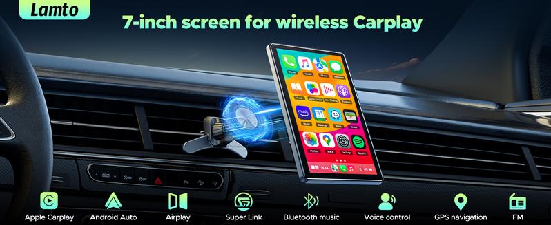 【Valentines】LAMTTO 7-Inch Wireless CarPlay Screen, Portrait & Landscape Display, CarPlay/Android Auto Compatible, AUX/Bluetooth/Speaker Output, Perfect Upgrade for Older Cars