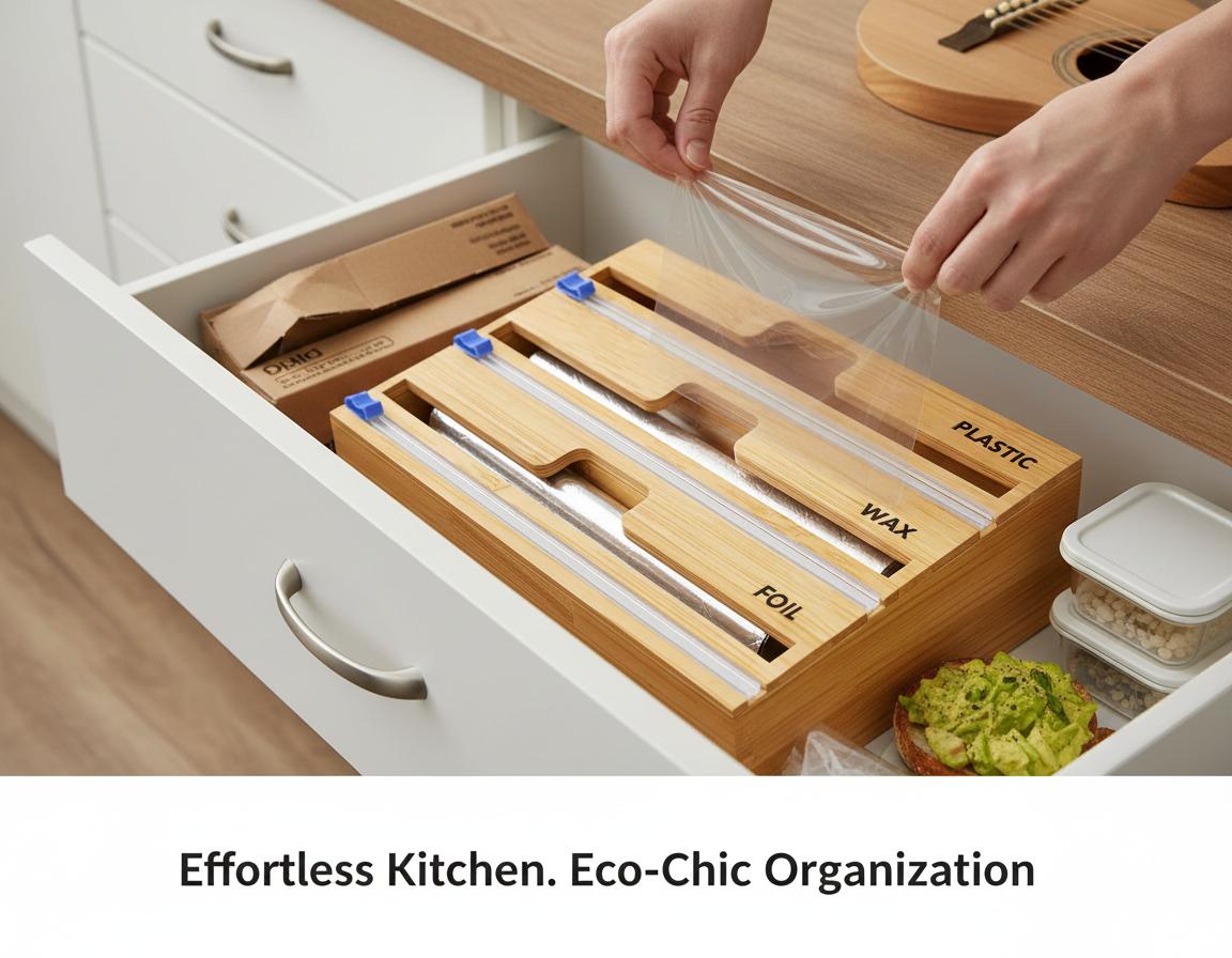 Foil and Plastic Wrap Organizer with Kitchen Aluminum Foil Holder, Cling Plastic Wrap Dispenser with Cutter and Labels, Bamboo Kitchen Wrap Organizer