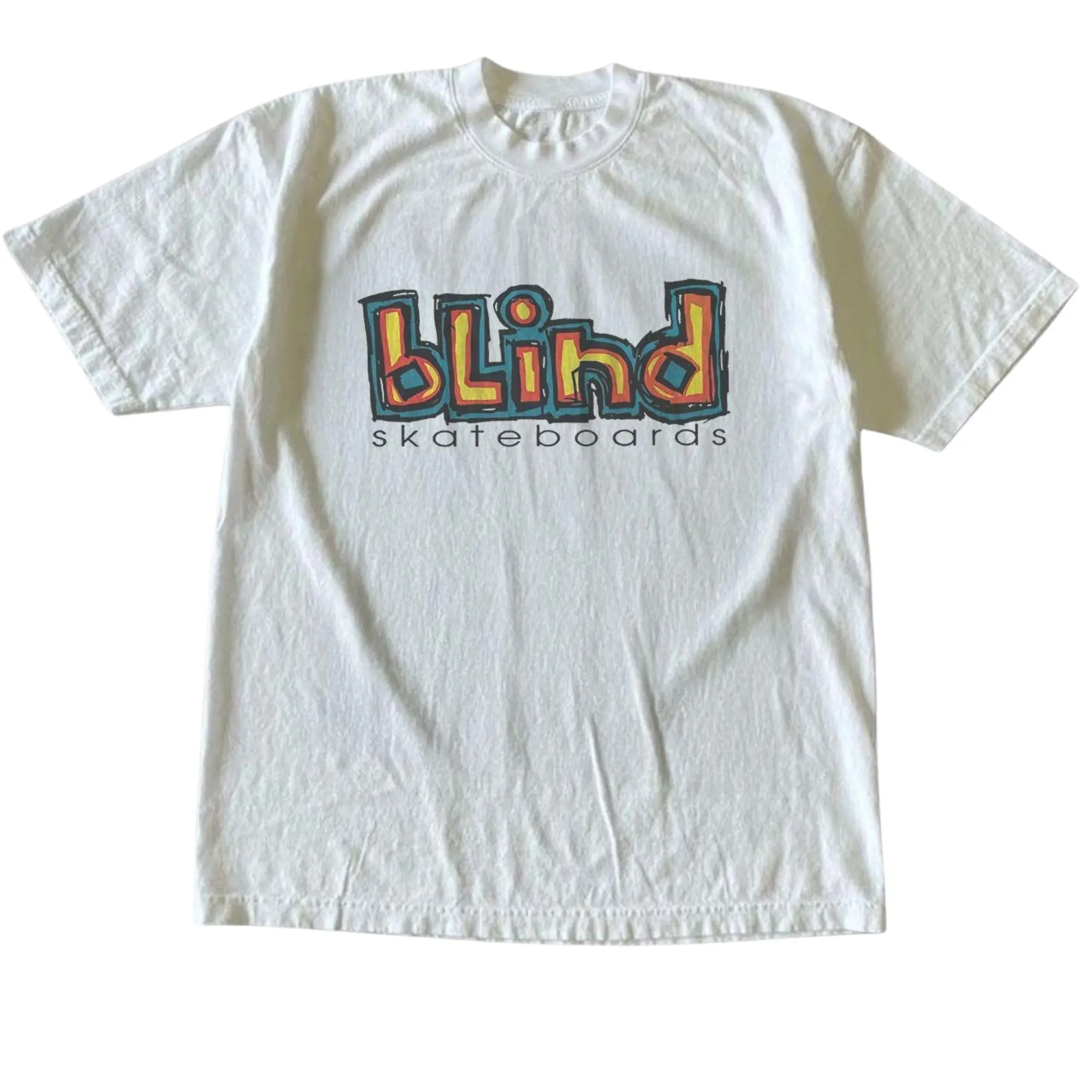 Blind Skateboards Vintage Graphic T-Shirt, Classic 90s Block Letter Logo Graphic With Thin Clean Font Subtext On White Background, Unisex Streetwear Tee For Skate Fans, 90s Nostalgia Outfit