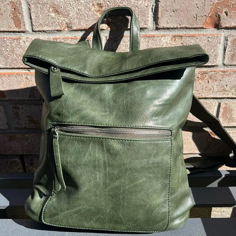 Frankie Fold Over Backpack Olive RTS - Stylish Olive Green Leather Backpack with Zipper Closure and Adjustable Straps