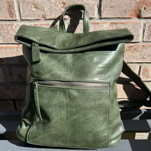 Frankie Fold Over Backpack Olive RTS - Stylish Olive Green Leather Backpack with Zipper Closure and Adjustable Straps