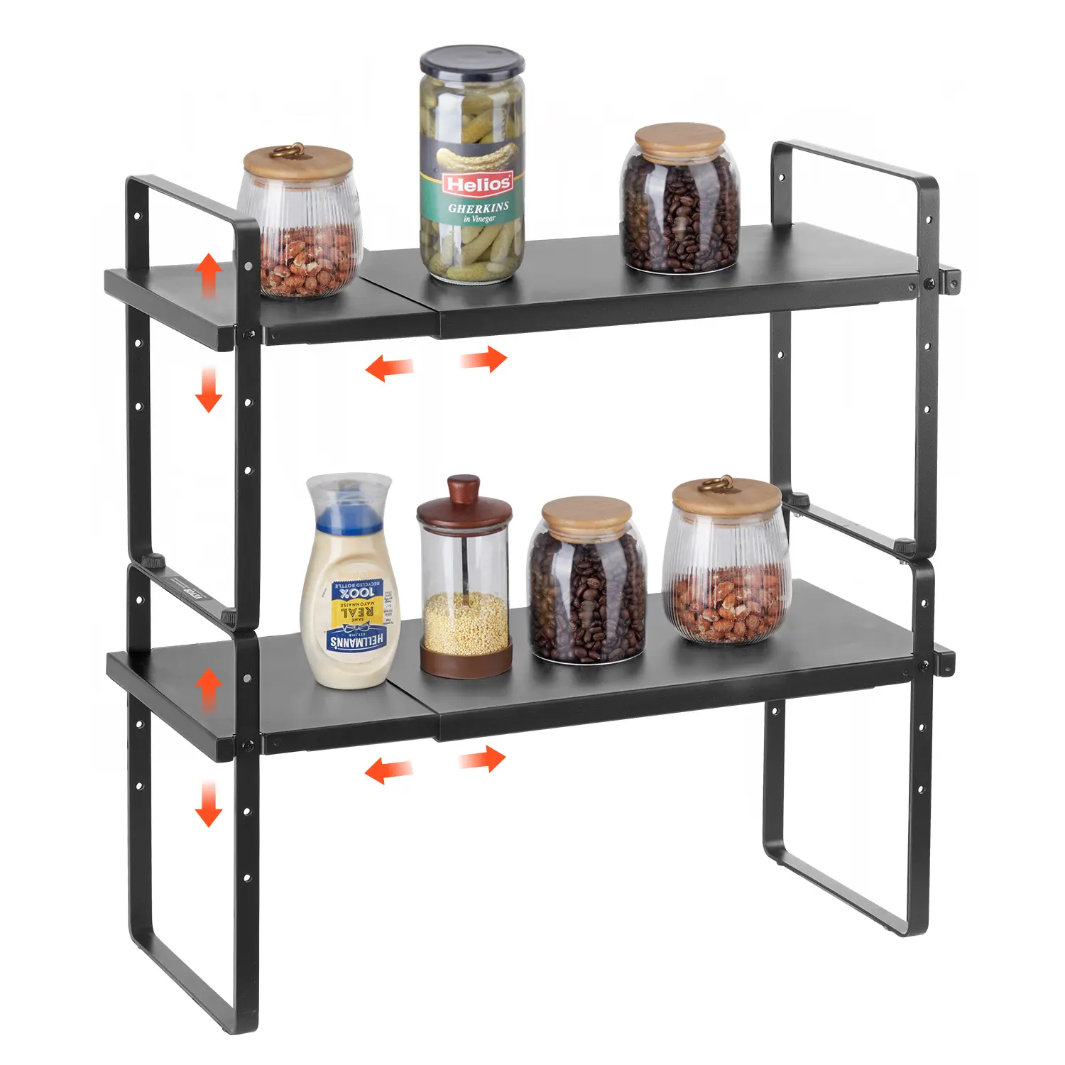 VEVOR Adjustable Kitchen Cabinet Shelf Organizer,  Expandable 2 Tier Cabinet Shelf, Stackable Countertop Organizers and Storage Shelf Risers, Pantry Organizers for Kitchen Bathroom Office, Black