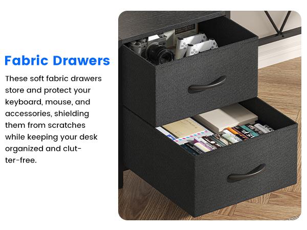 Kepptory L Shaped Gaming Desk, Home Office Computer Desk with Raised Display Stand, 2 Drawers and Glass Cabinets with LED Lights, Corner Desk with Storage Shelves, Power Outlet, Black