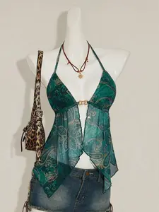 Allover Print Halter Neck Backless Asymmetric Hem Sexy Camisole