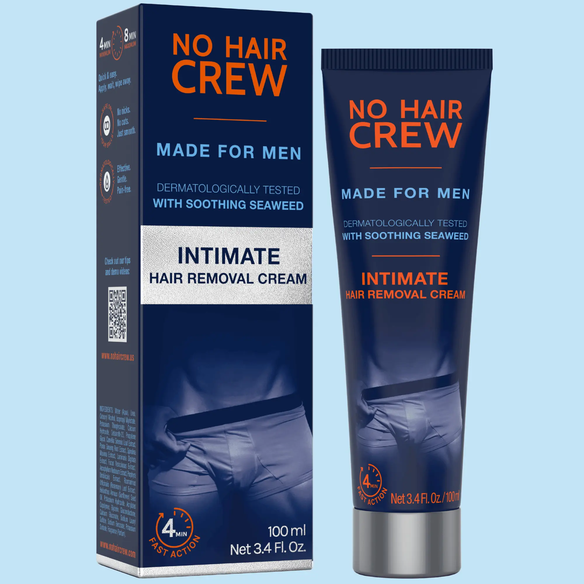 No Hair Crew INTIMATE Hair Removal Cream for Men - Gentle Foam Formula, 100ml, Dermatologically Tested, Fast Action, Body Care Cosmetic