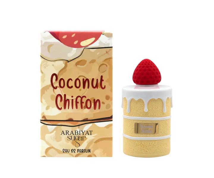 Arabiyat Unisex Sugar Coconut Chiffon EDP Spray - 3.4 fl oz (2 – 3.9 Fl Oz Range) Adult Gourmand Perfume for Adults, Liquid in Bottle, Coconut, Jasmine, Vanilla Butter, Cooked Sugar, Musk Notes, Creamy Sweetness, Gourmand Delight, Single Item, Elegant Per
