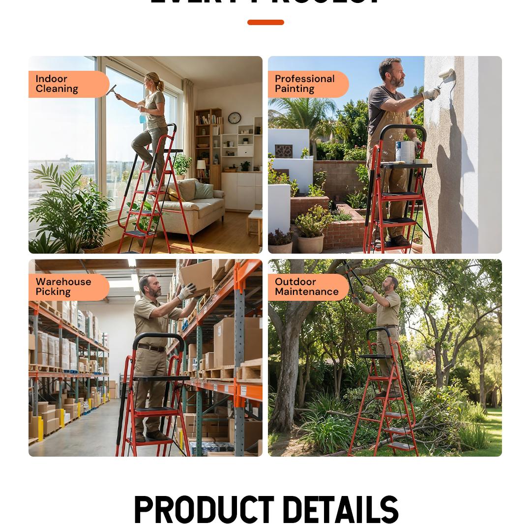 Sekam Sturdy Portable 5-Step Ladder, 800 LBS Capacity, Foldable with Handrail & Tool Tray, Ideal for Kitchen & DIY Projects, Sturdy Portable Ladder