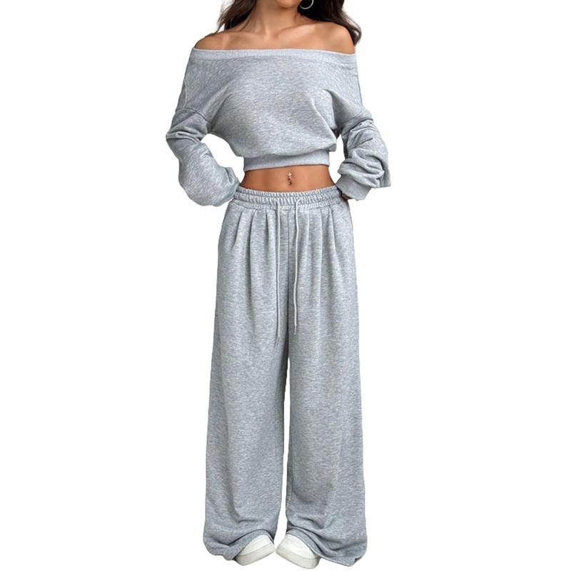 Two Piece Sets for Women Fall Sweatsuits Long Sleeve Off Shoulder Top Wide Leg Sweatpants Lounge Sets Tracksuit