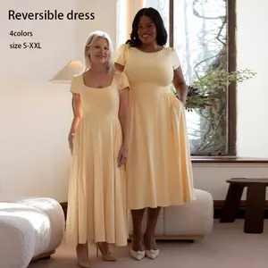 Joyfunear Women's Elegant Midi Dress: Short Sleeves, Flared Skirt & Pockets