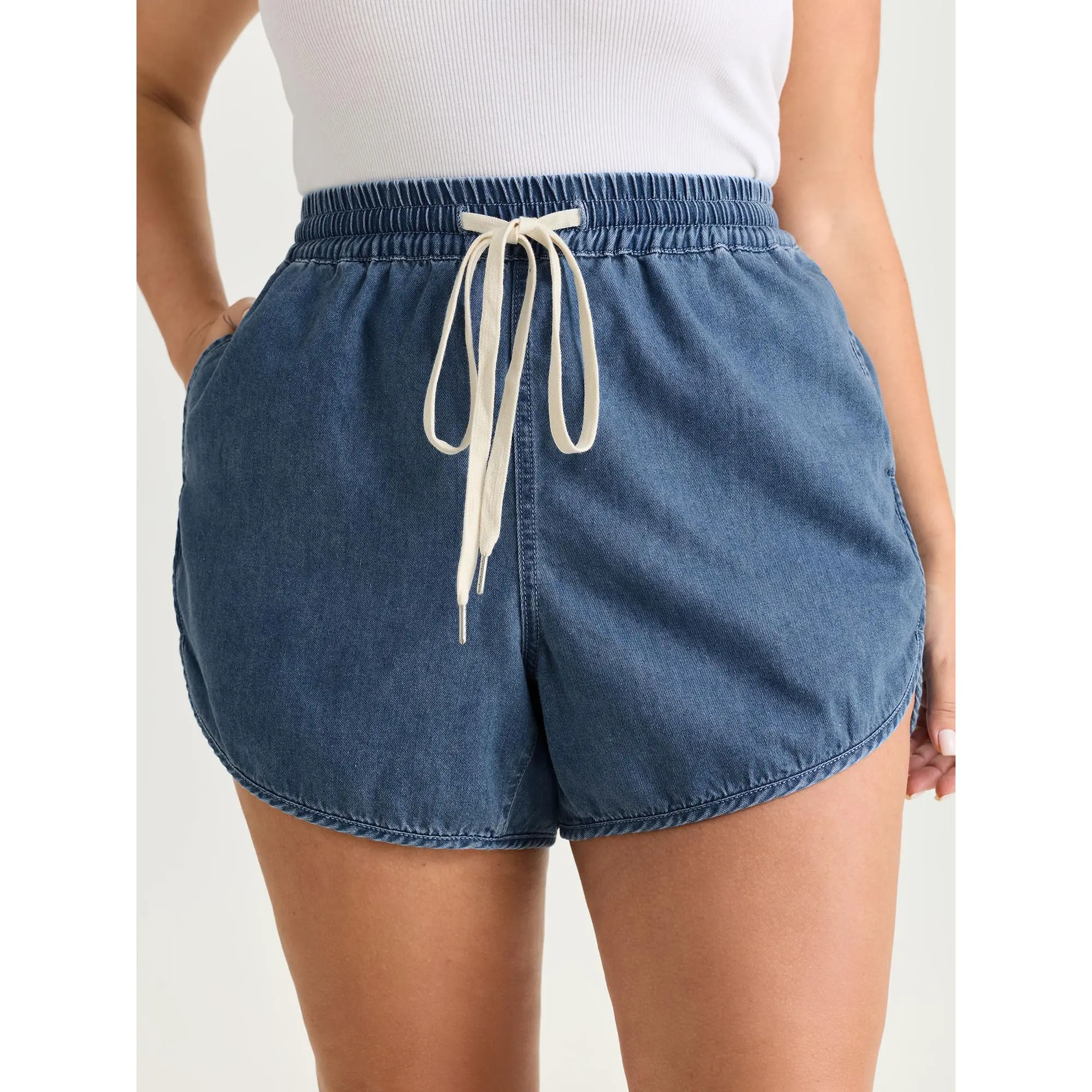 BLOOMCHIC Women's Plus Size Stretch Denim Elastic Shorts - Cotton-Polyester,Minimalist,Elastic Waist,Drawstring,Straight-Fit,M-6X,2026 Summer Vibes Swimweek Garment,Plus Size Fashion,Deals,summerwins,beachoutfits,Summerfinds,back to school shopping