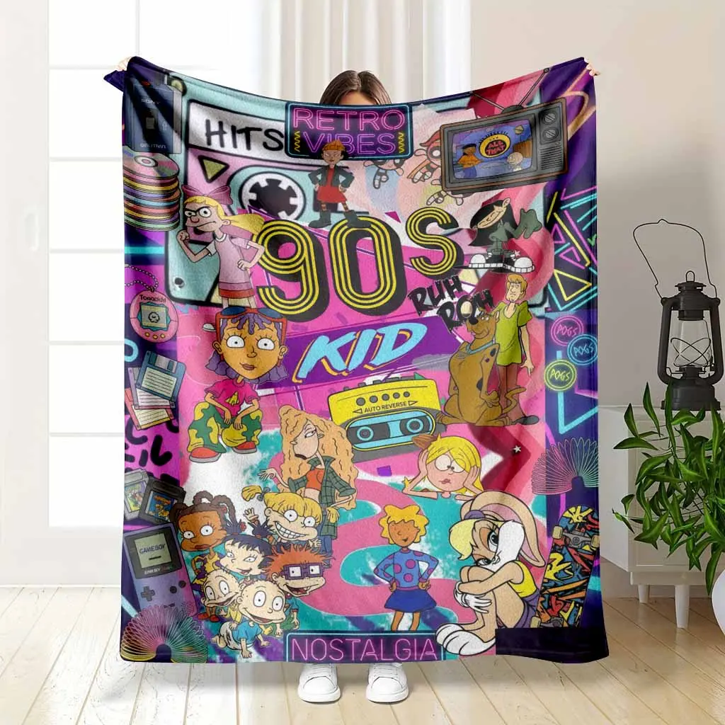 90s Nostalgia Cartoon Pattern Flannel Blanket Retro Vibes Print with Vibrant Colors and Soft Cozy Texture Perfect for Bedroom Decor Sofa Throw Office Nap Gifts for Friends Movie Nights and Home Relaxation