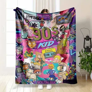90s Nostalgia Cartoon Pattern Flannel Blanket Retro Vibes Print with Vibrant Colors and Soft Cozy Texture Perfect for Bedroom Decor Sofa Throw Office Nap Gifts for Friends Movie Nights and Home Relaxation