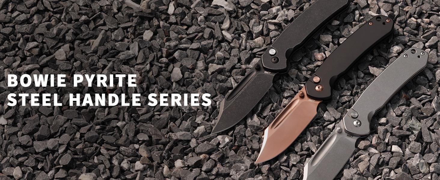 CJRB Bowie Pyrite Pocket Tool Knife, EDC Knife with 3.15'' AR-RPM9 Steel, Hunting Knife with Steel Handle for Camping and Emergency Survival Gear