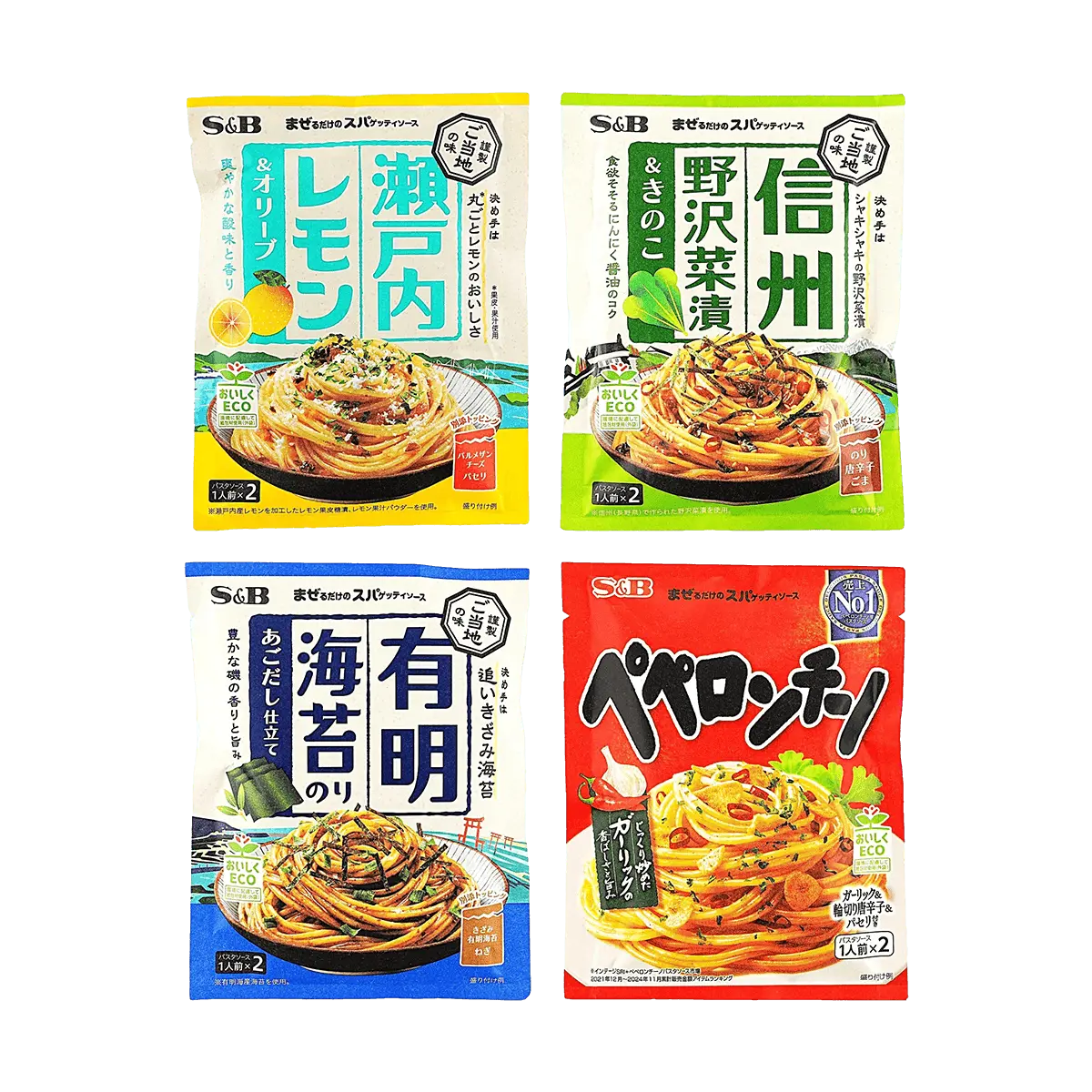 S&B 4 Flavors Instant Pasta Sauce Combo Pack - Lemon Olive, Kimchi Mushroom, Seaweed Flying Fish Roe, Garlic Chili Oil - Ready to Eat, Gourmet Meal Kit