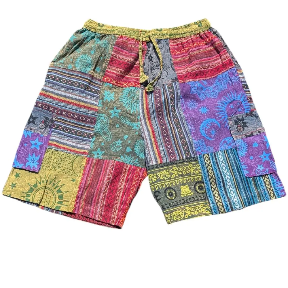 Patchwork Shorts 100% Cotton Hippie Festival Unisex Mens Shorts Festival Fashion Colorful Bohemian Style Pants for Men & Women 4 Pockets Lightweight Casual Bottoms