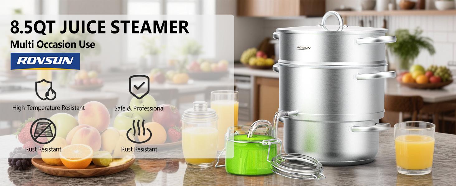 ROVSUN 8.5/11Quart Juice Steamer Stainless Steel, Extractor Fruit Vegetables Juicer Steamer Pot, w/Tempered Glass Lid Clamp, Loop Handles, Ideal for Making Juice, Jelly, Pasta