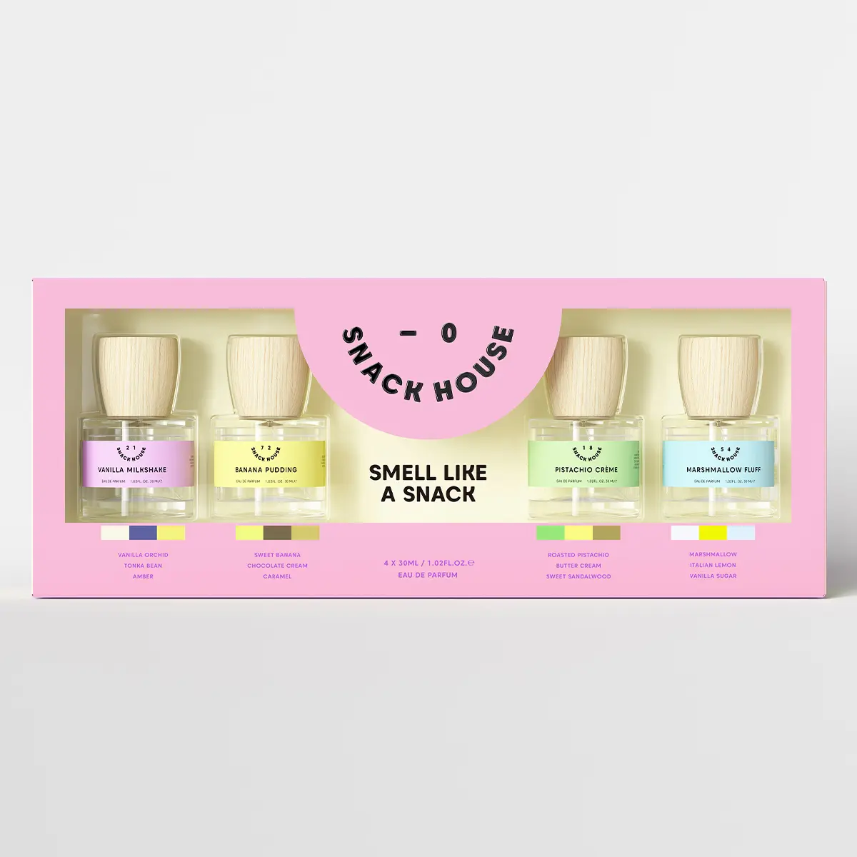 Snack House Dessert Scent Gift Set | Dopamine Summer Vacation Fragrance | Vanilla Milkshake | Banana Pudding | Pistachio Crème | Marshmallow Fluff | A Bundle of Joy | 4×30ml EDP