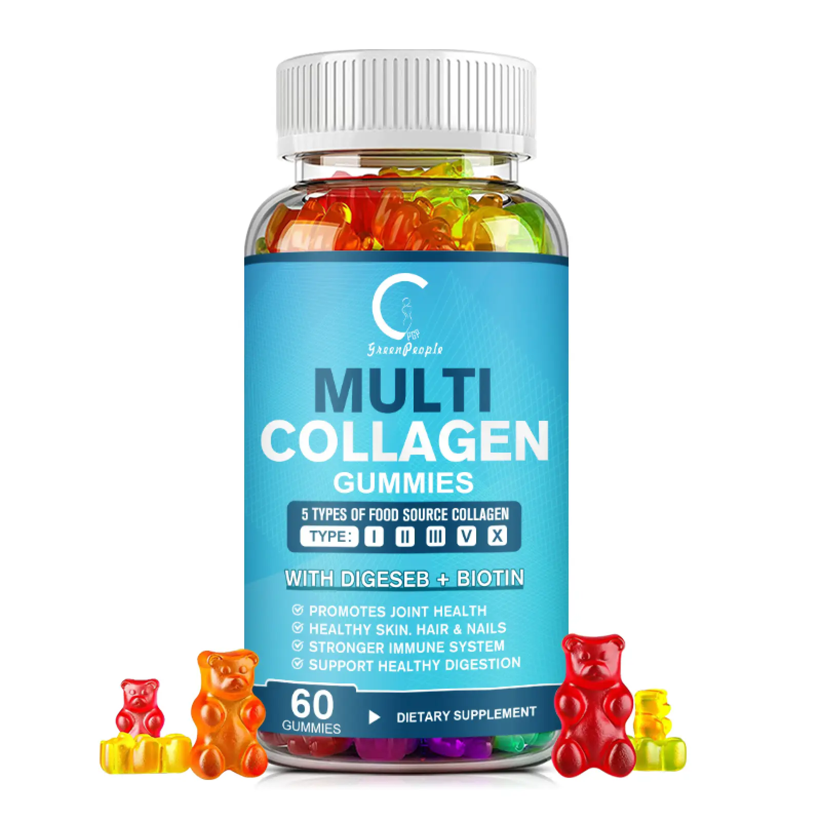Greenpeople Multi Collagen Gummies | 5 Types of Food Source Collagen Supplements - Promotes Healthy Hair, Skin, Nail | 60 Gummies