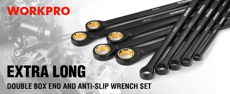 #JumpstartSale WORKPRO Extra Long Ratcheting Wrench Set, 10-Piece Anti-Slip Double Box Wrenches Set, Metric 8-19 mm, 72-Teeth, Cr-V Steel and Black Electrophoretic Coating Wrenches with Rolling Pouch