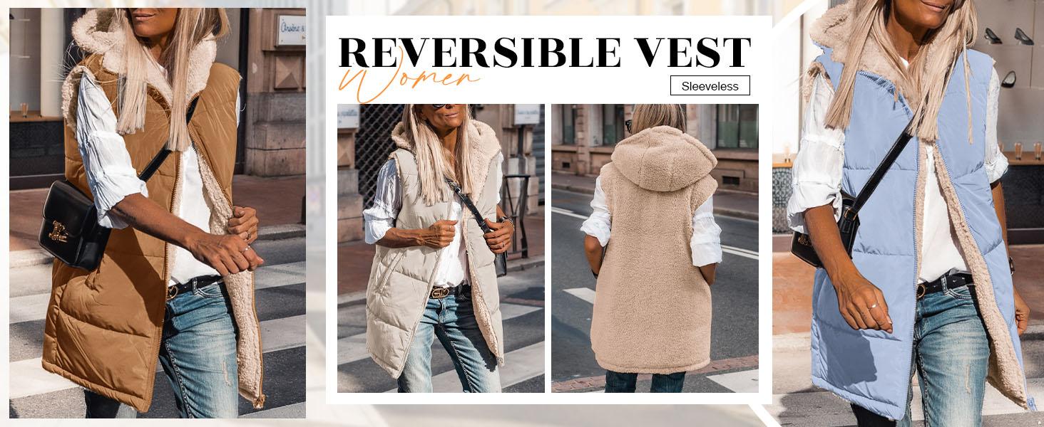 PRETTYGARDEN Women's Army Green Reversible Fleece Vest with Pockets & Hood Zip Up Long Outerwear Coats Machine Washable Minimalist Tops