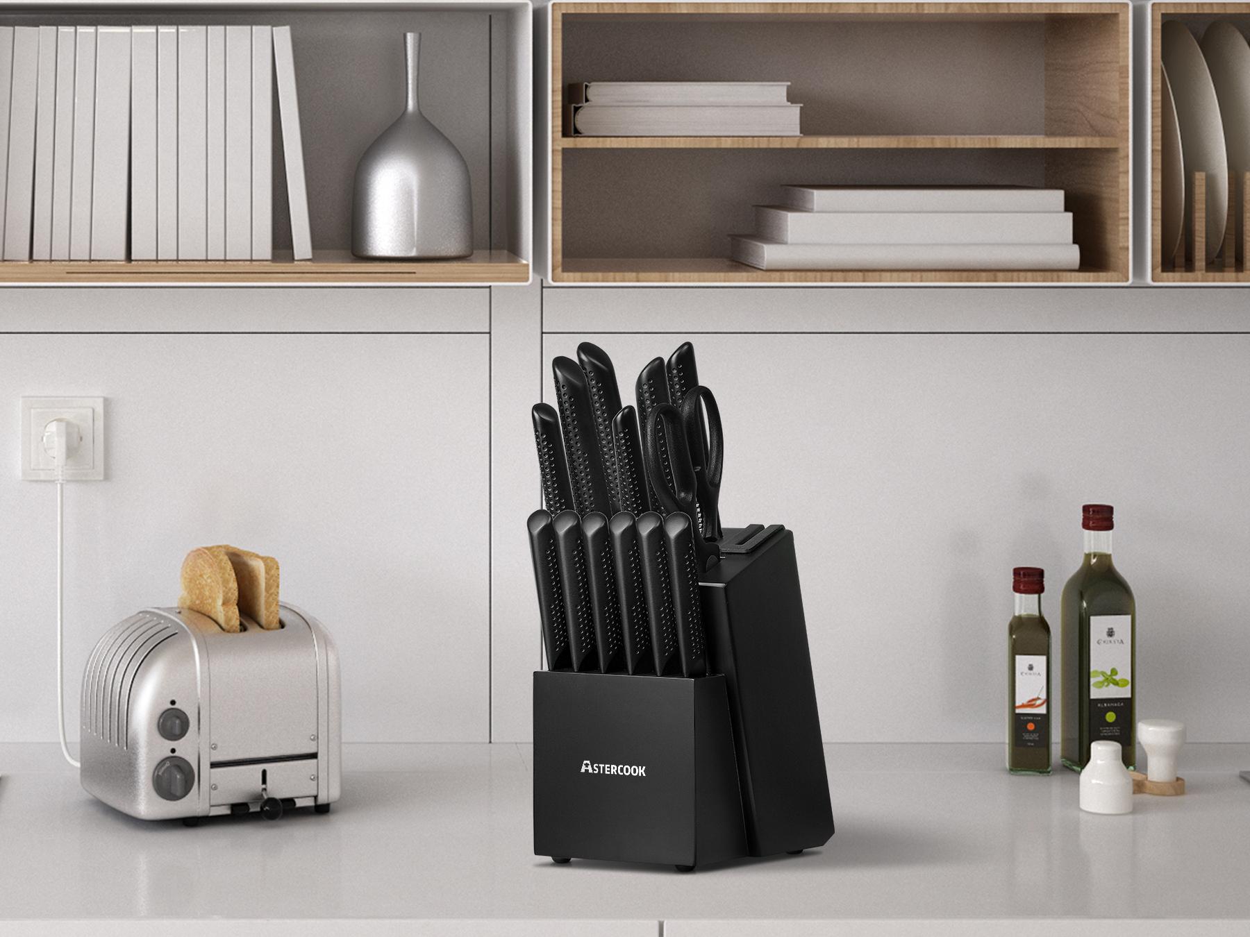 Astercook 15 PCS Kitchen Knife Set - Chef Knife Set with Non-Stick Stainless Steel and Ergonomic Wood Handle - Kitchen Knives, Block Knife Block Wooden Astercook 15 PCS Kitchen Knife Set - Chef Knife Set with Non-Stick Stainless Steel and Ergonomic Wood Handle - Kitchen Knives, Block Knife Block Wooden