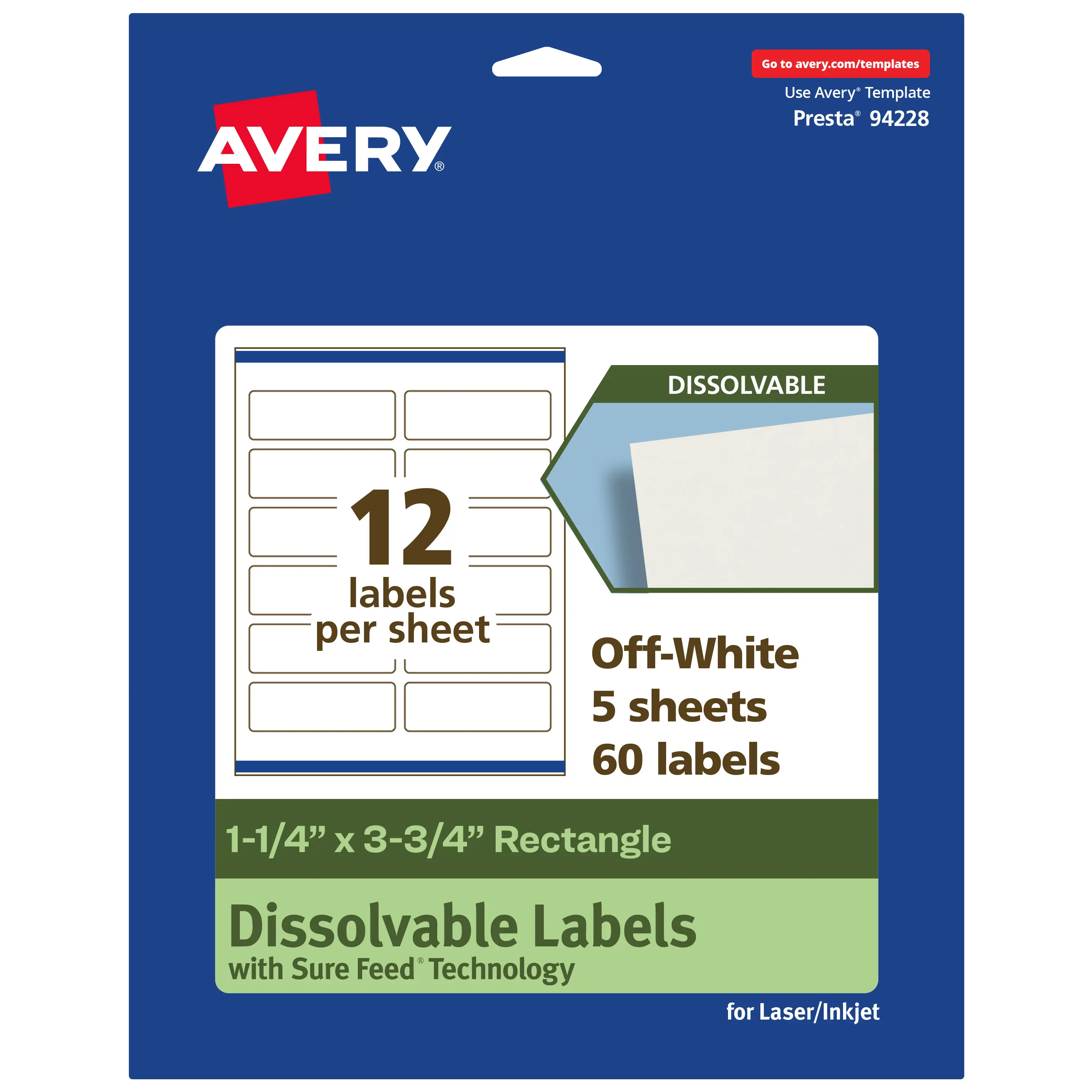 Avery Eco-Friendly FDA-Compliant Adhesive Dissolvable Labels, 1.25" x 3.75" (1-1/4" x 3-3/4") Rectangle, Dissolves Fast, Laser-Inkjet Compatible, Easy Clean-Up for Food Service