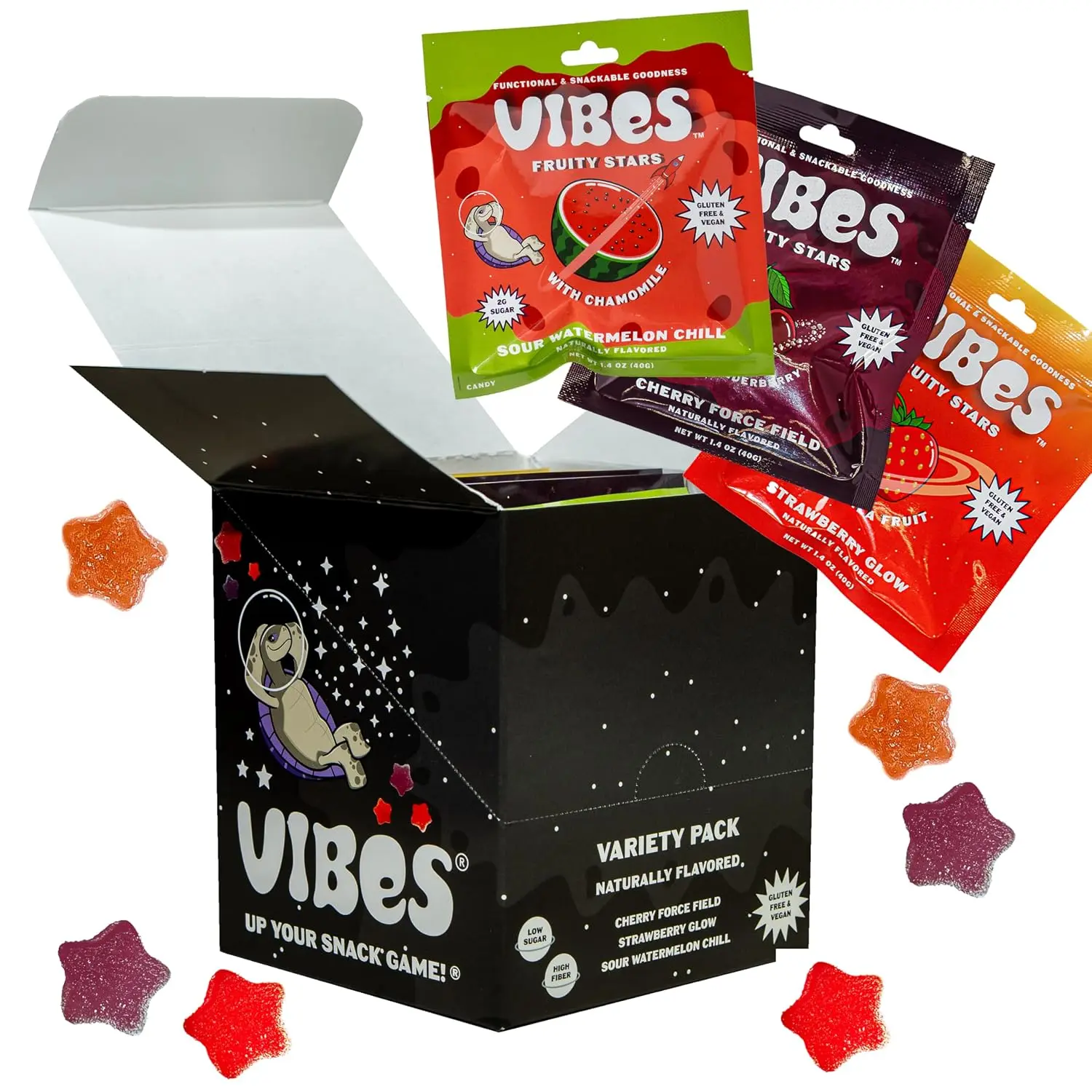 Vibes Candy Variety Pack Fruity Stars | 6-Pack Gummy Candy | Sweet, Chewy Snack | Vegan, Gluten-Free, Low Sugar, High Fiber