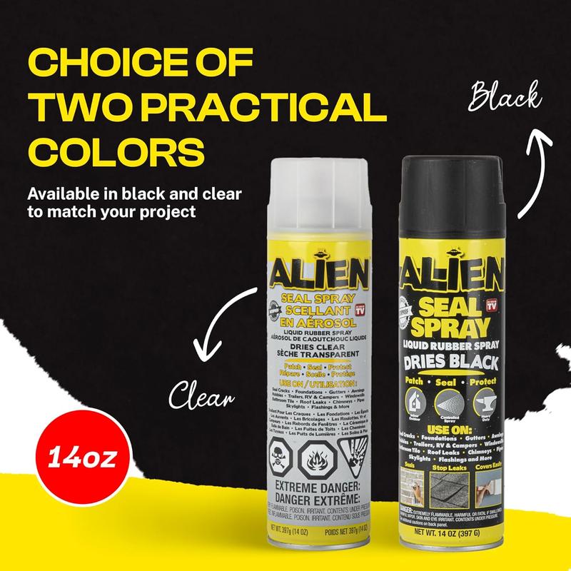 Alien Seal Spray Liquid Sealant Spray, Waterproof Liquid Rubber Spray Prevents Patches and Seals Leaks, Protects Surfaces, Works on Most Materials, Long Lasting, Dries Black or Clear-1 Can (14 Oz)